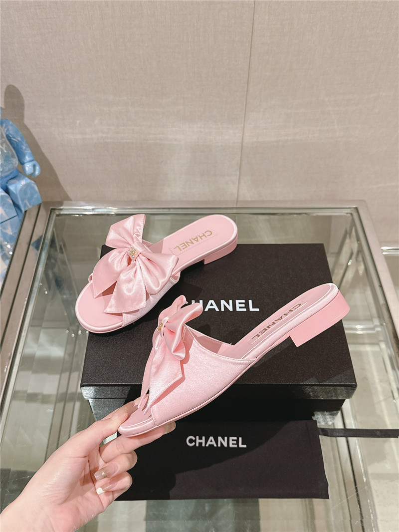 Ch**el flat silk bow leather sandals pink