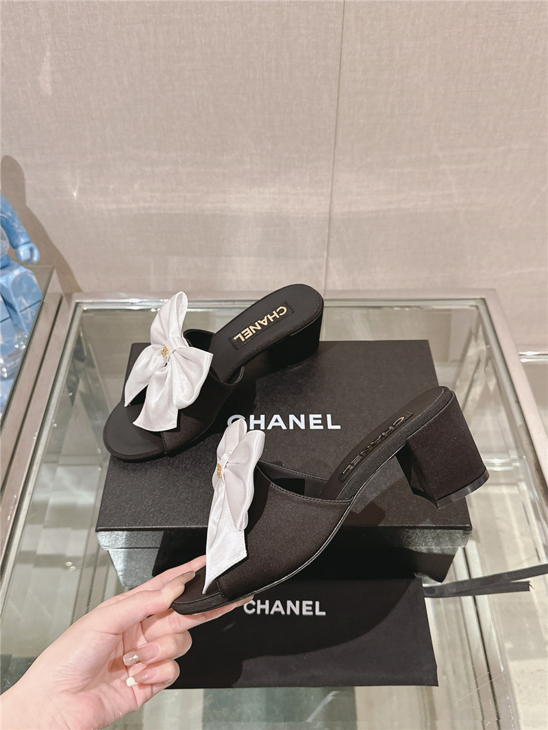 Ch**el chunky heel silk bow leather sandals