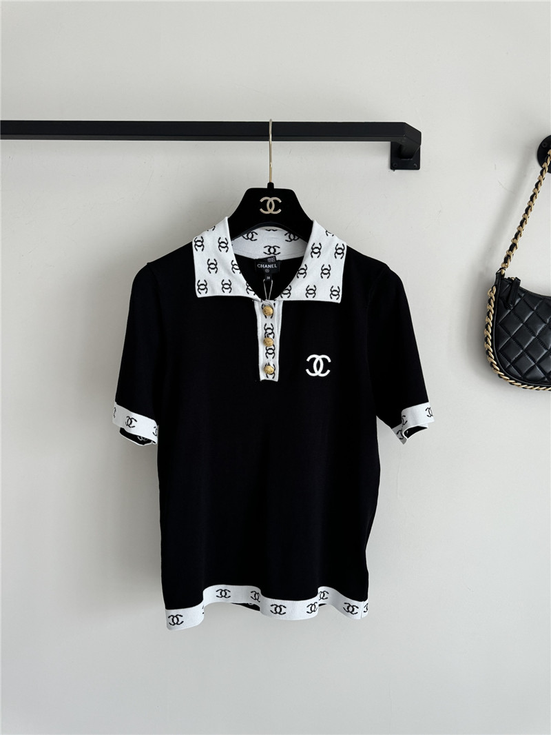 Ch**el contrast color lapel knitted short sleeves replica clothes