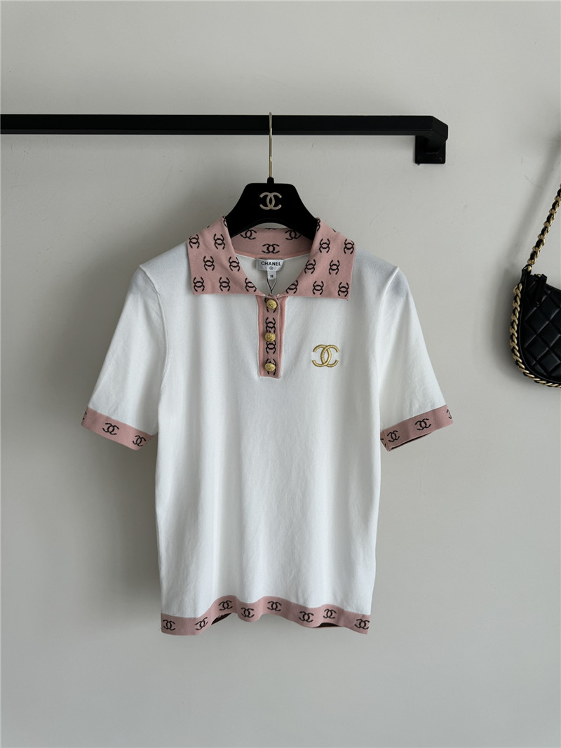 Ch**el contrast color lapel knitted short sleeves replica clothes