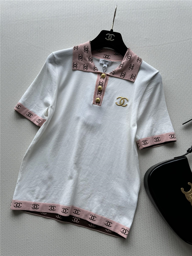 Ch**el contrast color lapel knitted short sleeves replica clothes