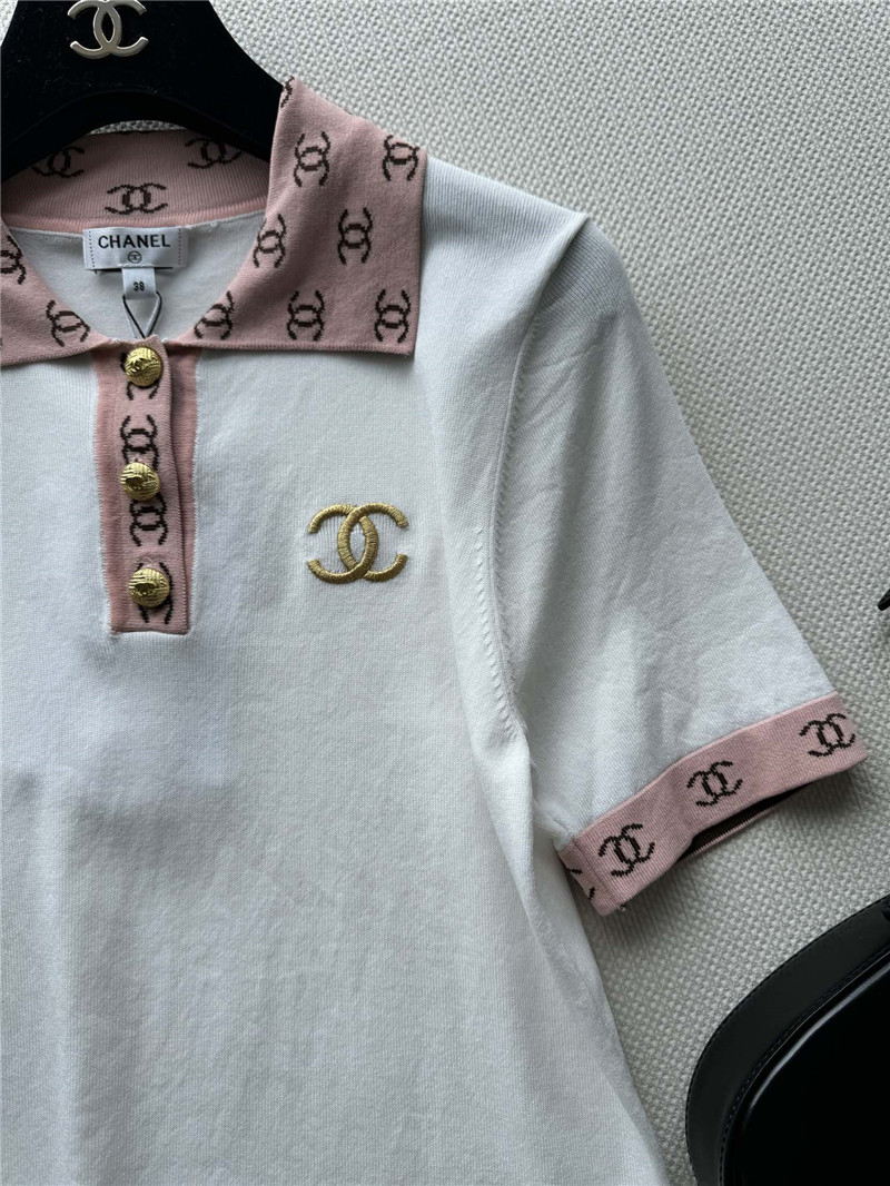 Ch**el contrast color lapel knitted short sleeves replica clothes