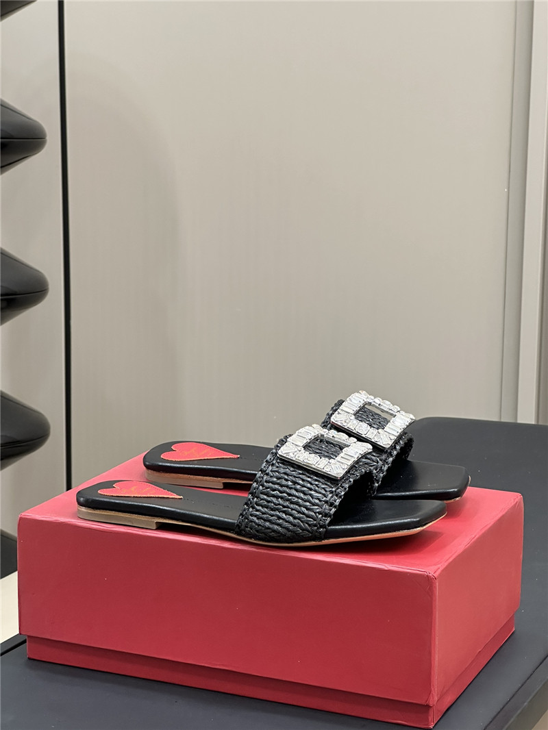 roger u1u1er buckle raffia flat slides  black