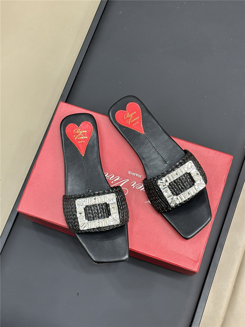 roger u1u1er buckle raffia flat slides  black