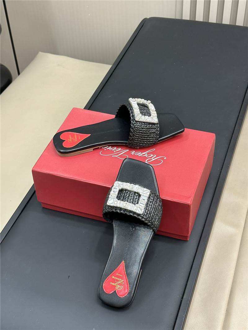 roger u1u1er buckle raffia flat slides  black