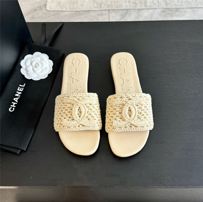 Ch**el logo beige tweed leather flat slides