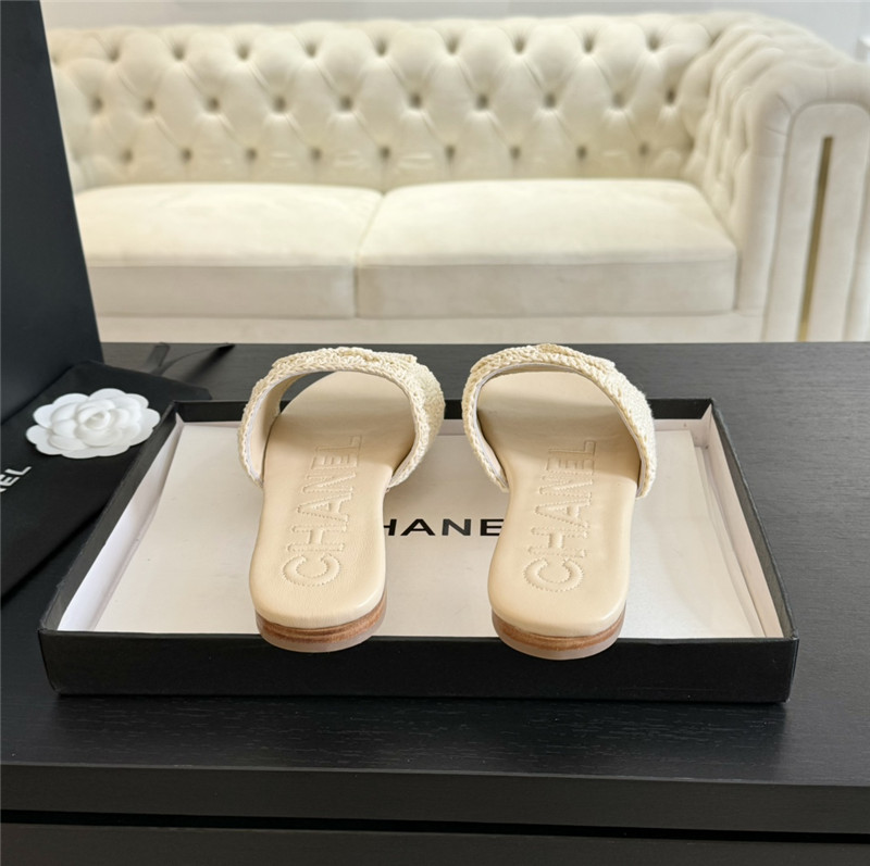 Ch**el logo beige tweed leather flat slides