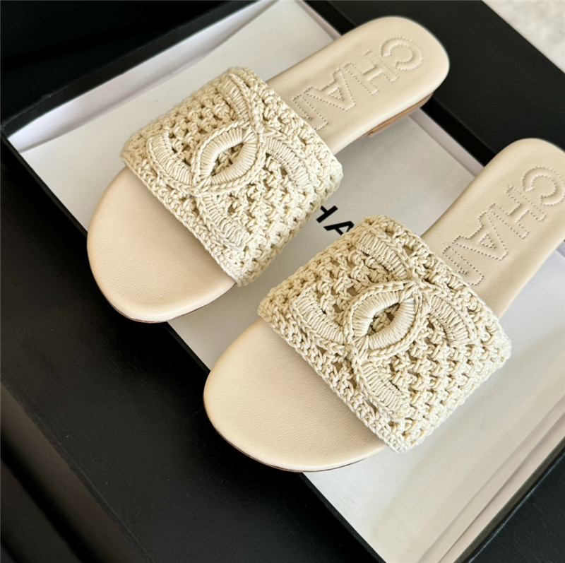 Ch**el logo beige tweed leather flat slides