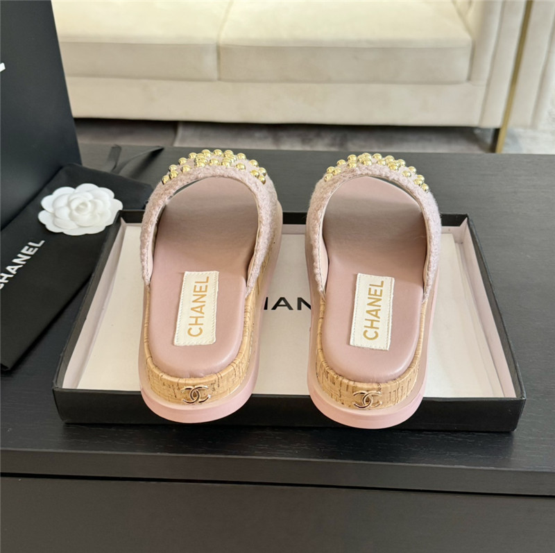 Ch**el logo platform pearl tweed slippers