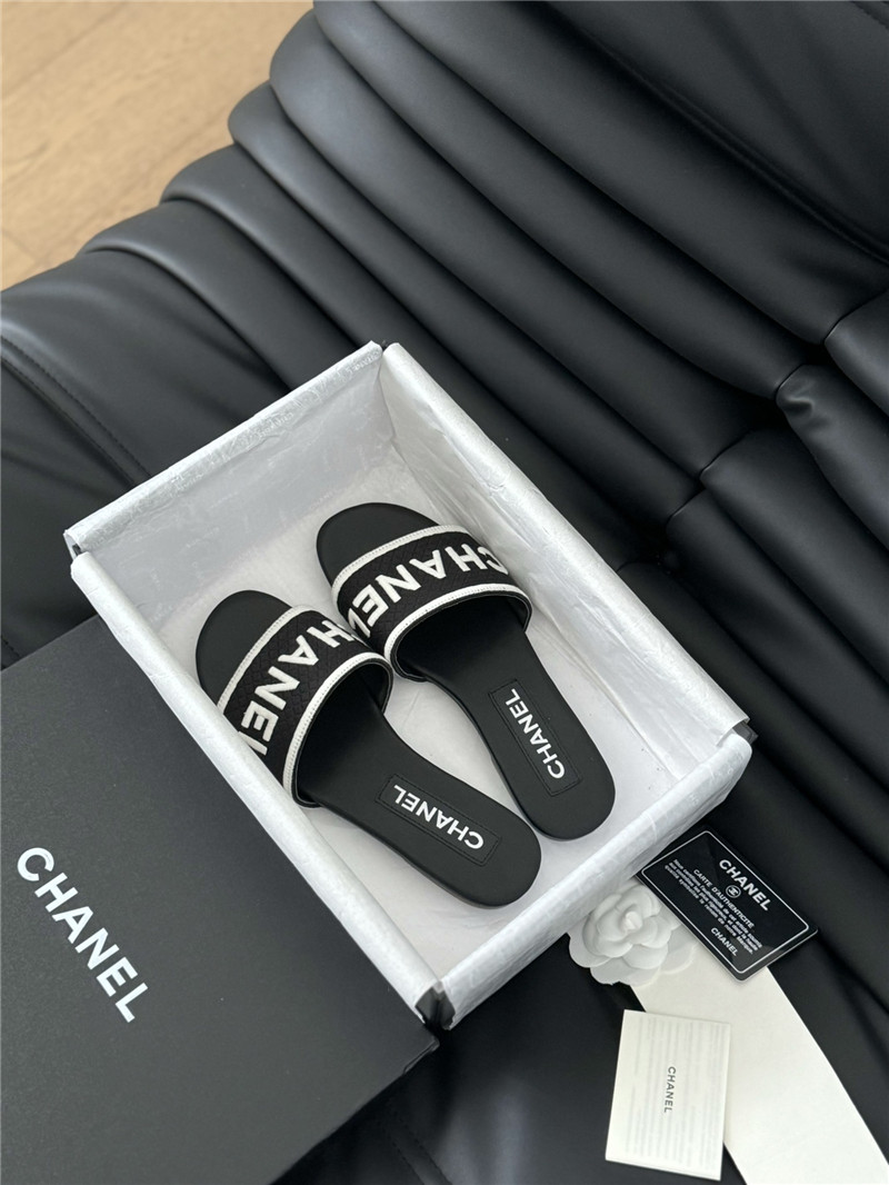 Ch**el woven embroidered logo letter slippers black white