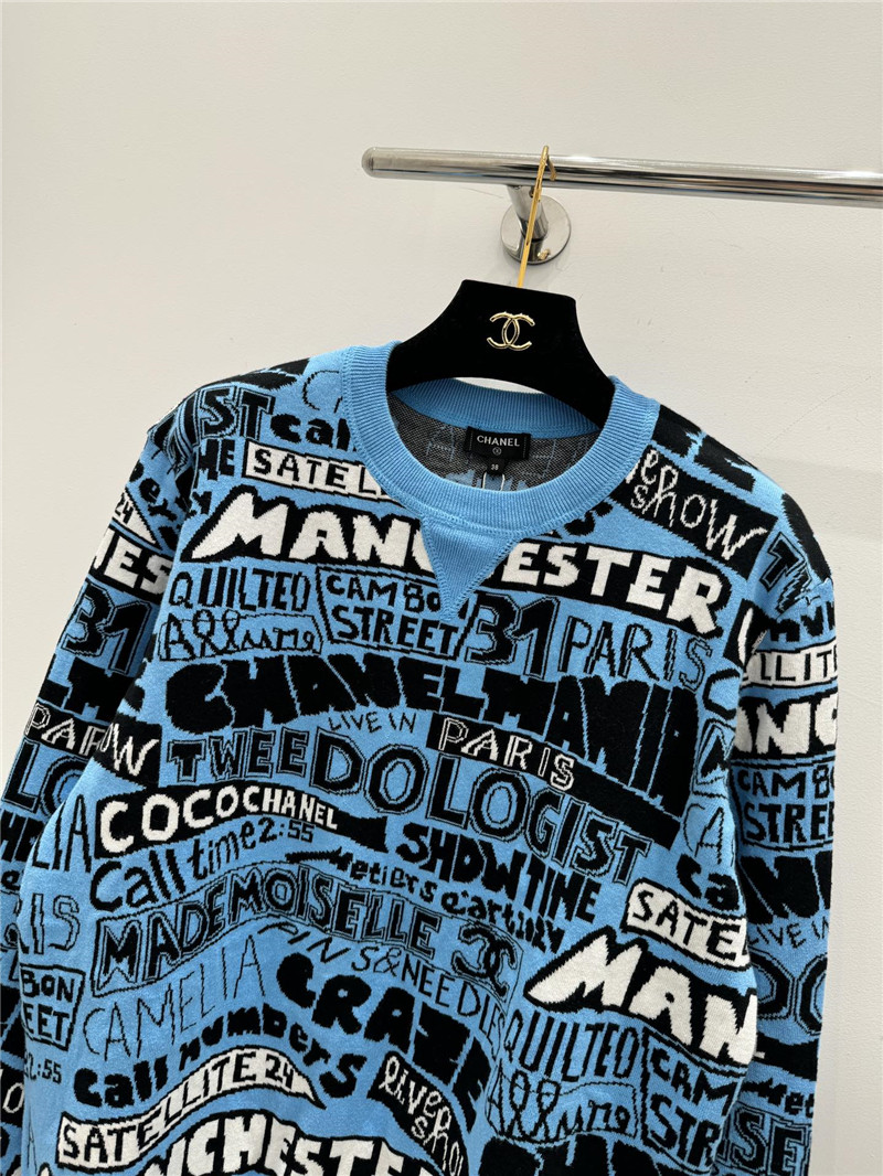 Ch**el letter jacquard crew neck sweater blue