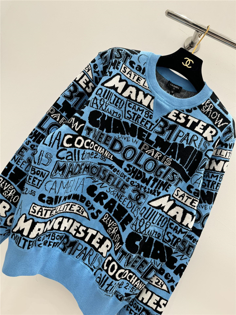 Ch**el letter jacquard crew neck sweater blue