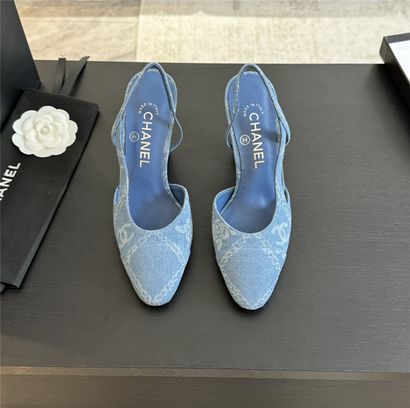 Ch**el slingback sandals in blue printed denim