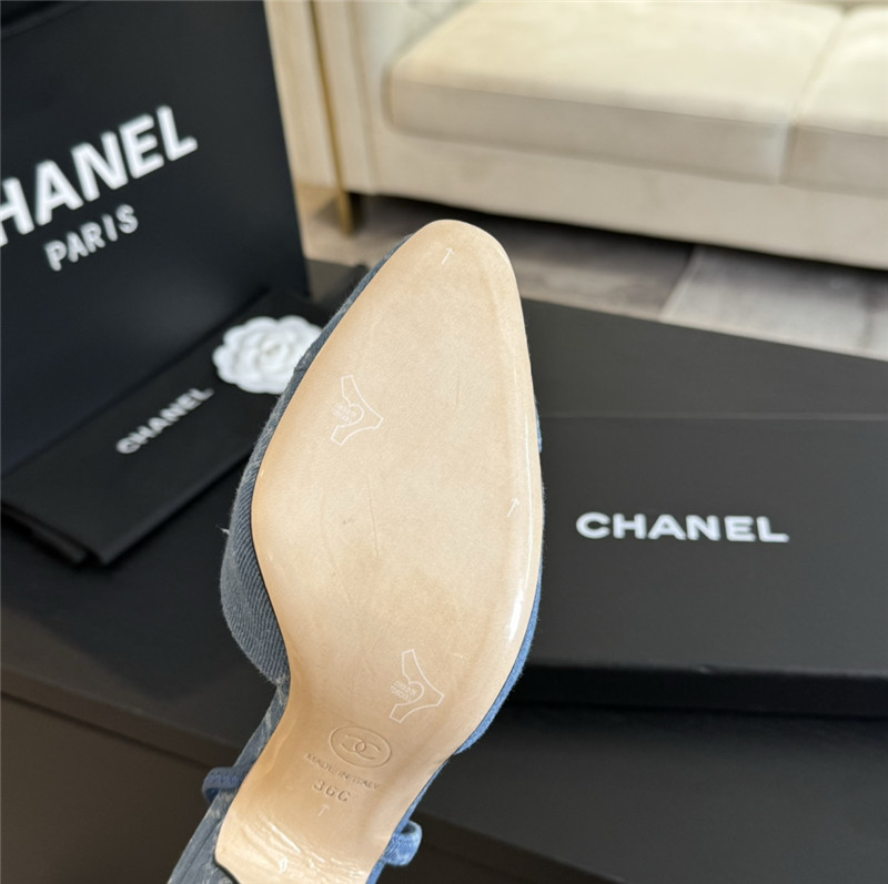 Ch**el slingback sandals in blue printed denim