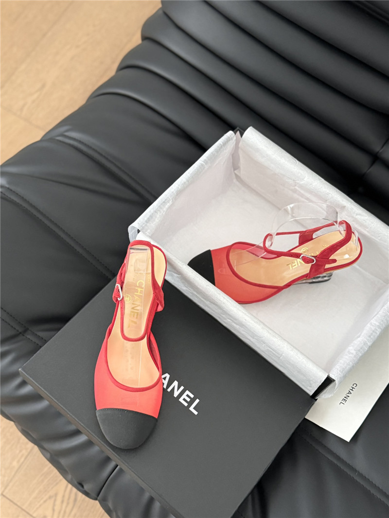 Ch**el red mesh cap-toe ankle wedge sandal