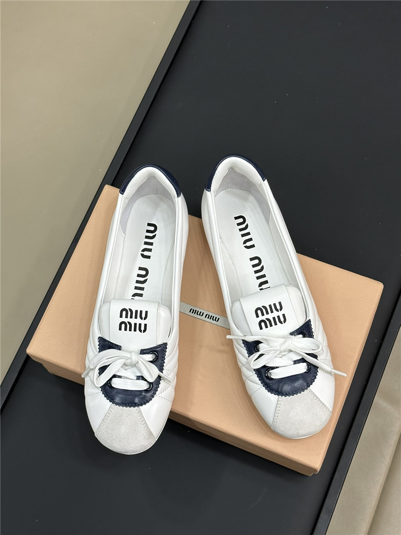 Miu Miu Lace-Up Leather Ballet Flats in White and Navy