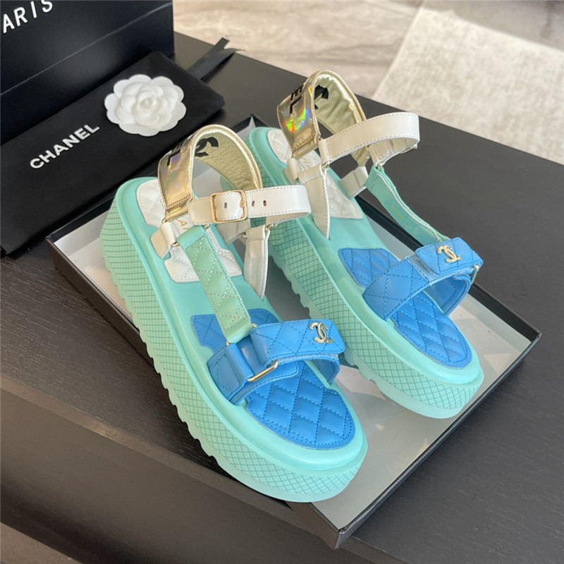 Ch**el quilted beach sandals green and blue leather