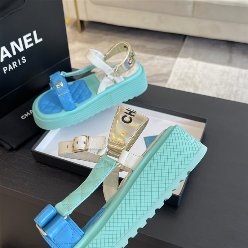 Ch**el quilted beach sandals green and blue leather