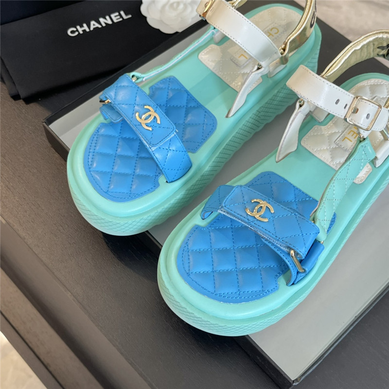 Ch**el quilted beach sandals green and blue leather