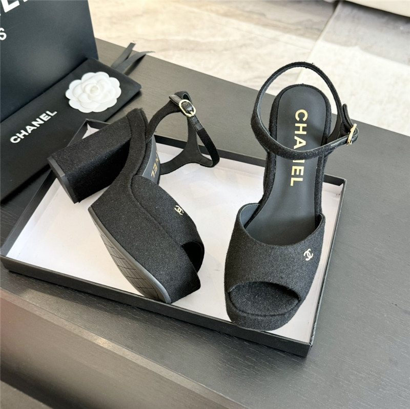 Ch**el black wool wedge platform sandals