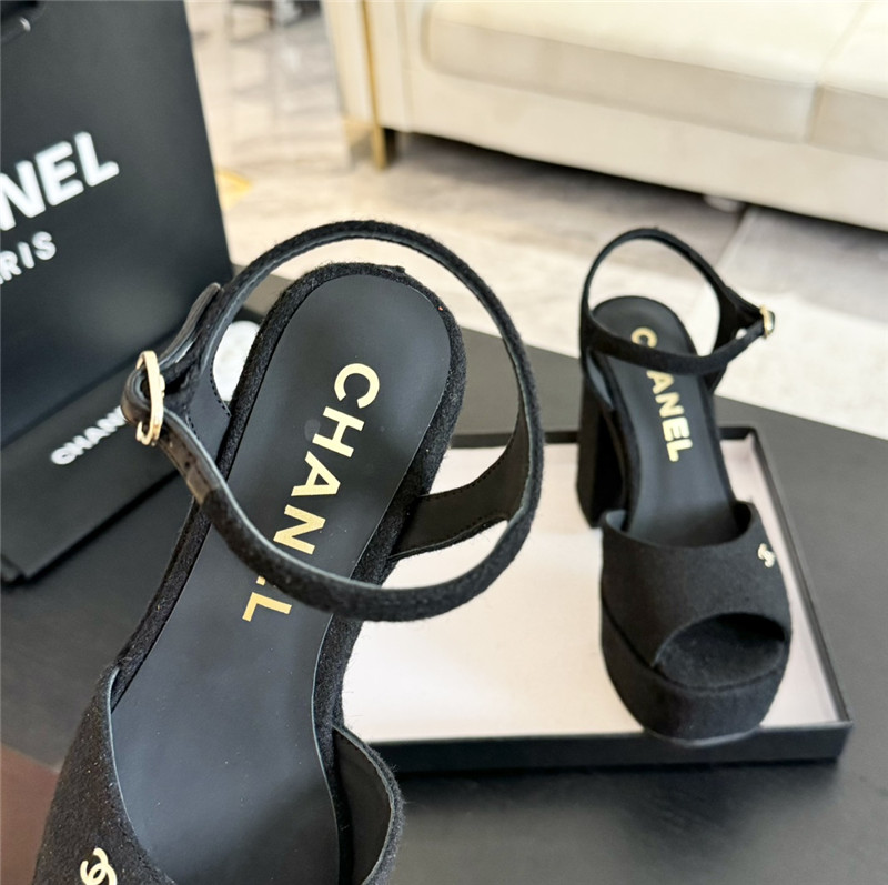 Ch**el black wool wedge platform sandals