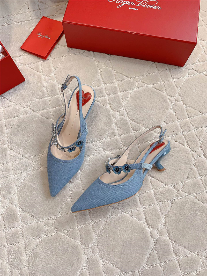 roger u1u1er virgule flower blue canvas slingback pumps