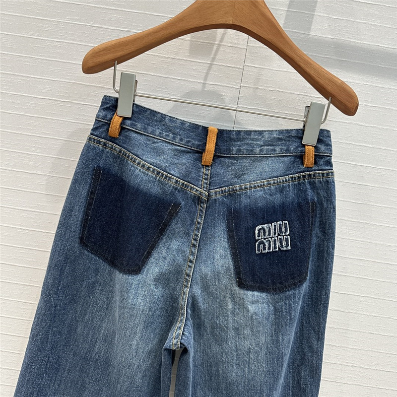 M1um1u contrast color suede hem denim trousers replica clothes