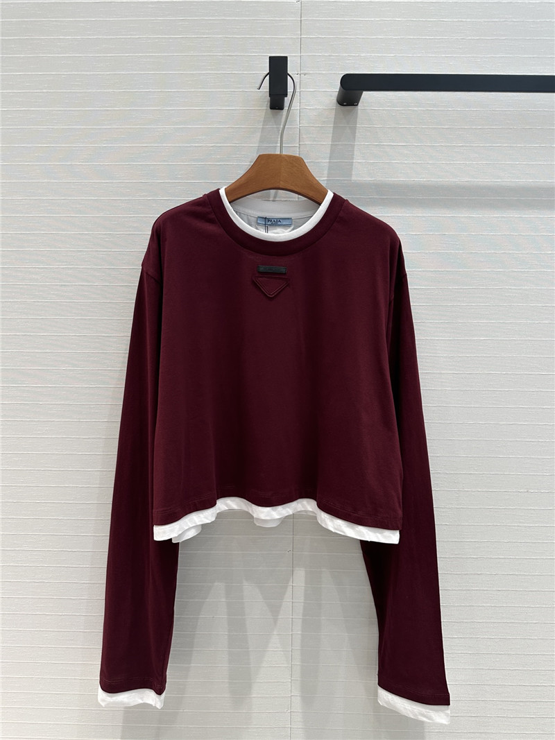 Pra*a contrast color patchwork long sleeve t replicas clothes
