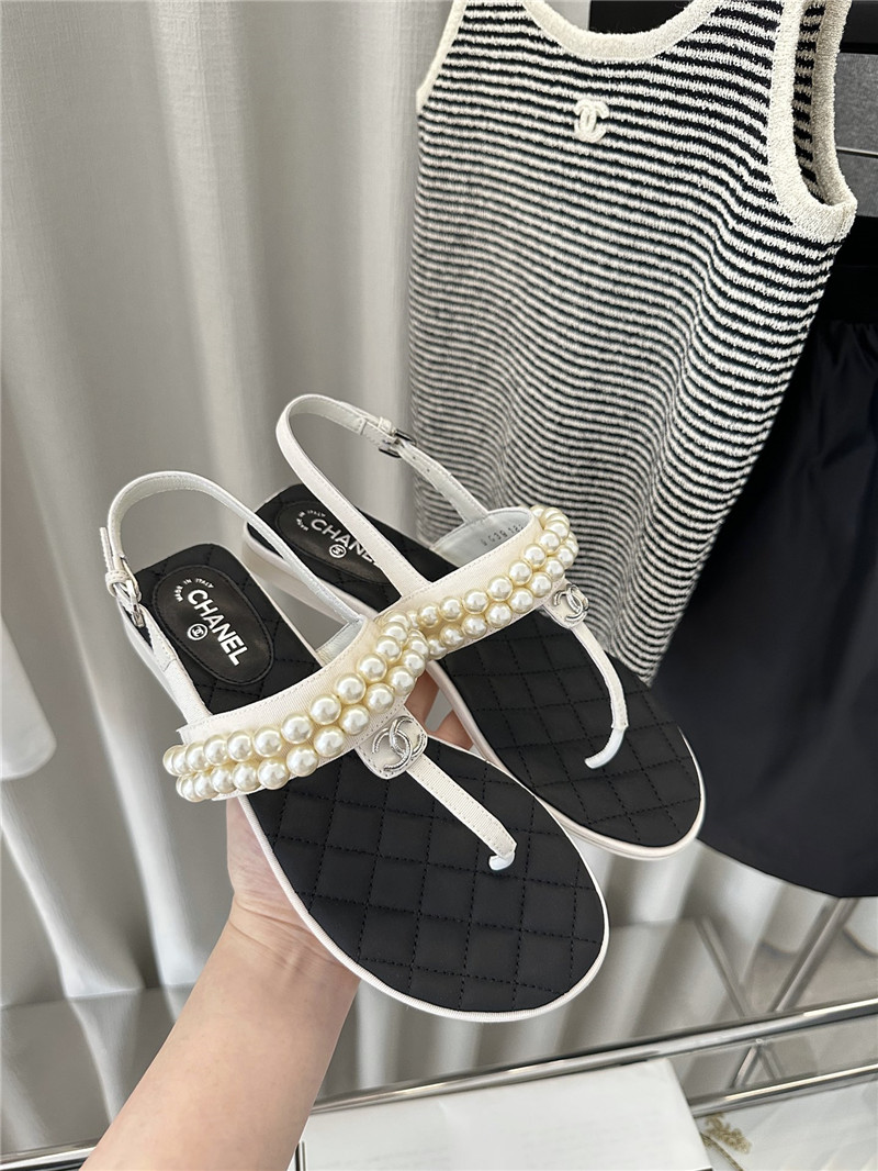 Ch**el quilted t-strap pearls flat sandals black