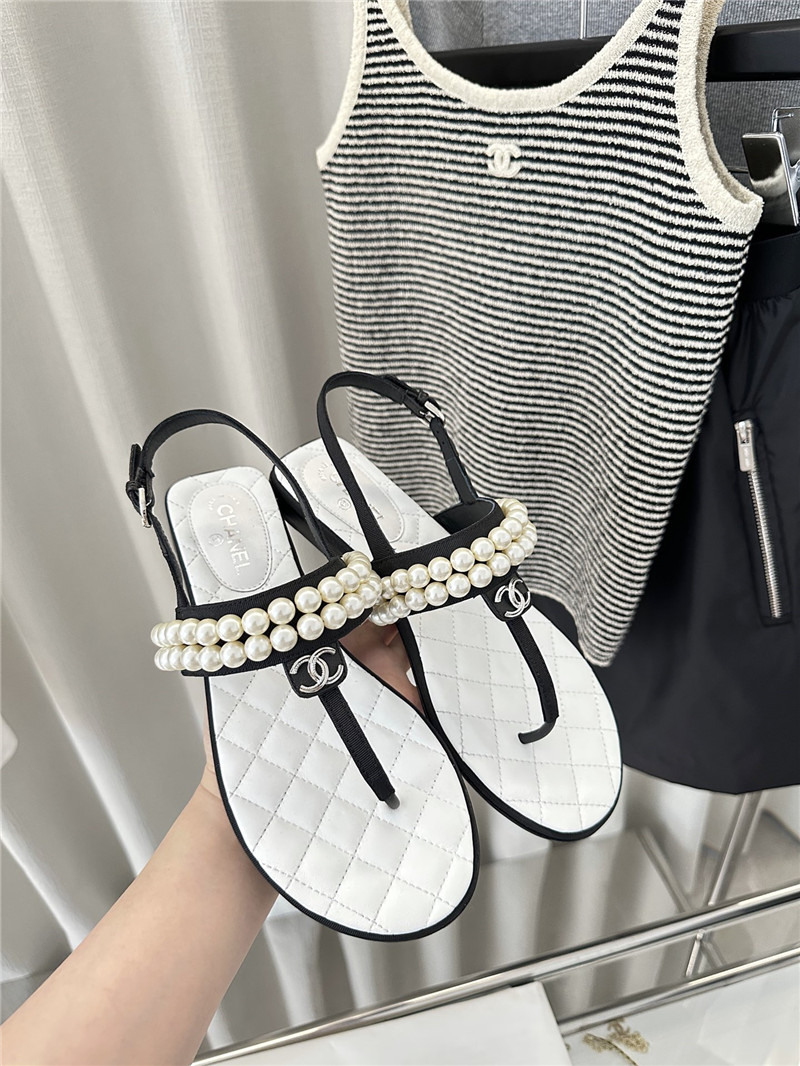 Ch**el quilted t-strap pearls flat sandals white