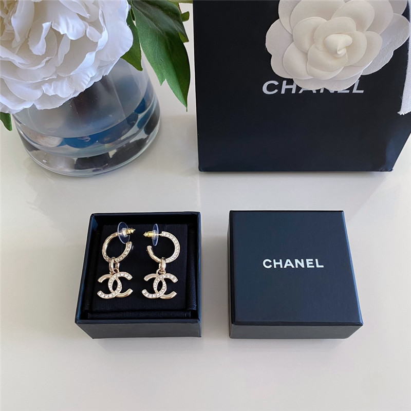 Ch**el gold double c rhinestone double earrings