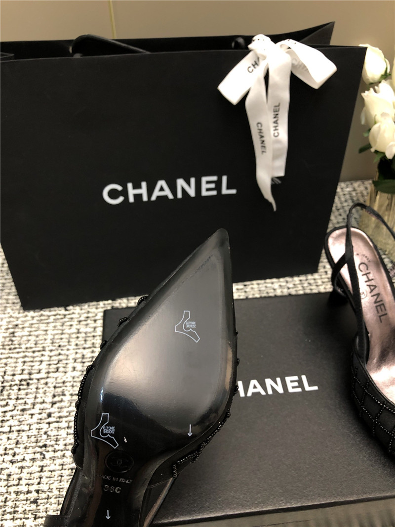 Ch**el black satin beaded slingback pumps
