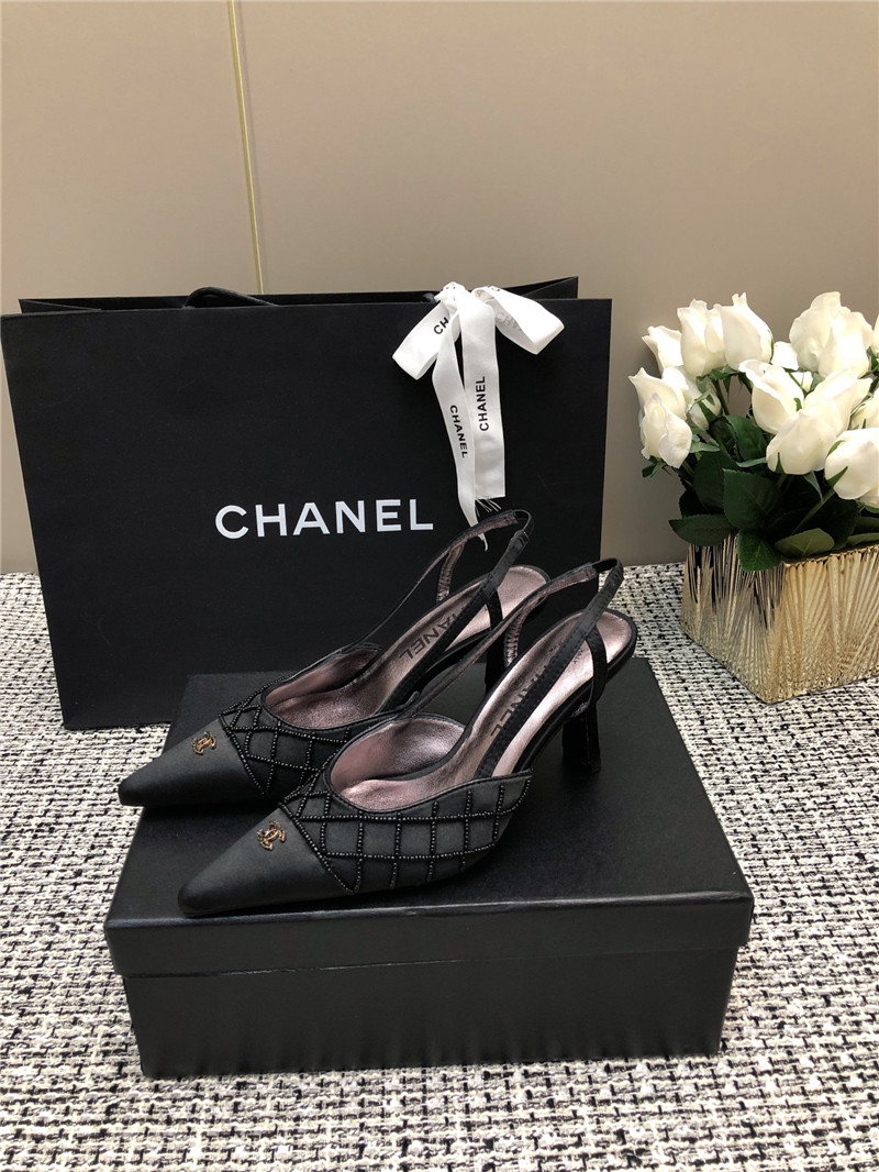 Ch**el black satin beaded slingback pumps