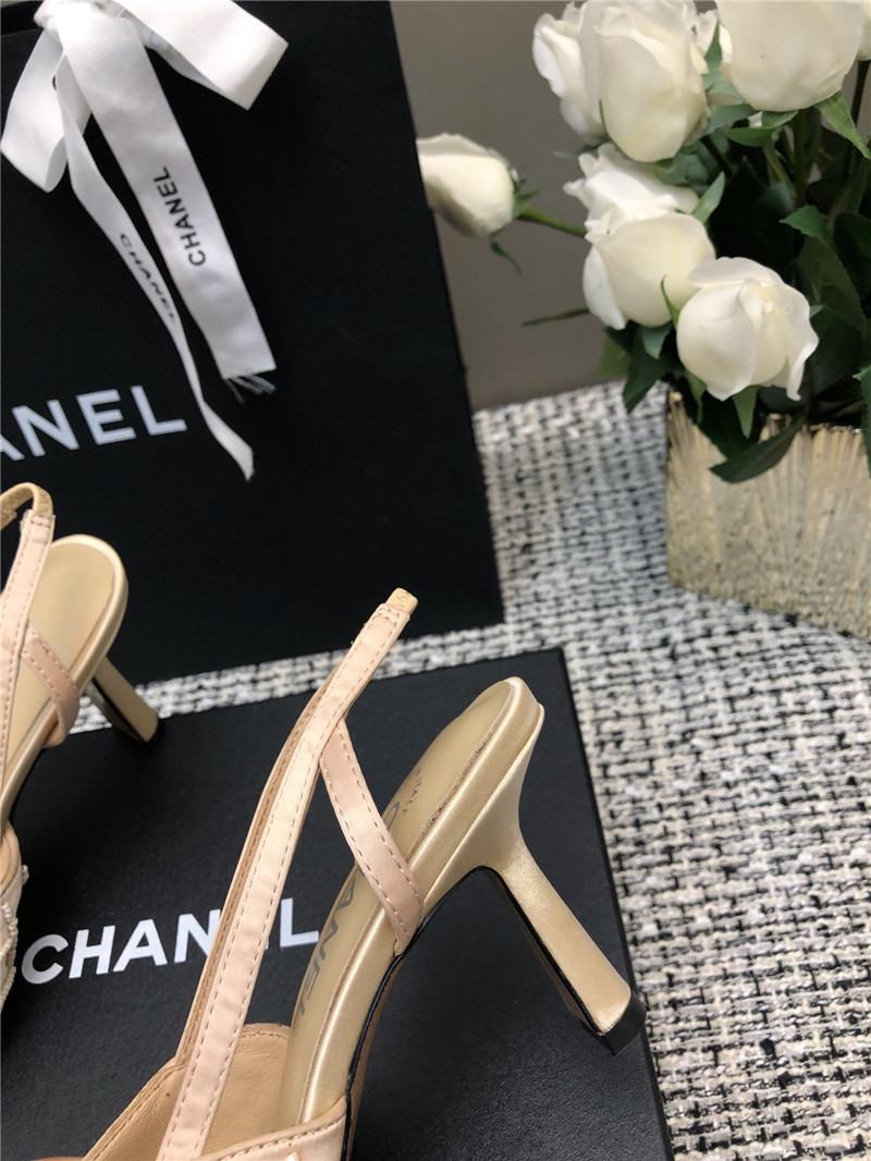 Ch**el beige satin beaded slingback pumps