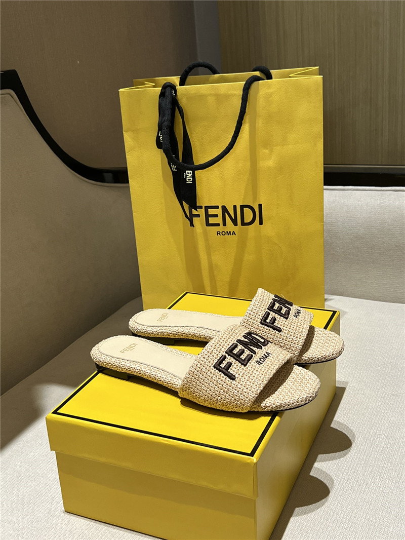 F**di signature fabric beige cotton fiber slides