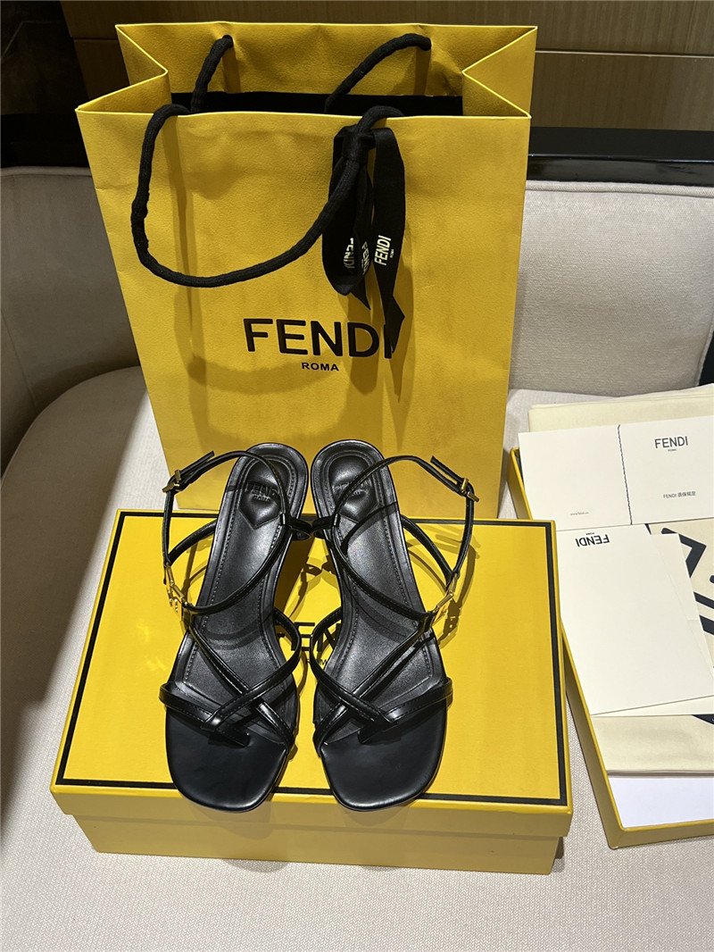 F**di ffold black leather square toe cross strap sandals