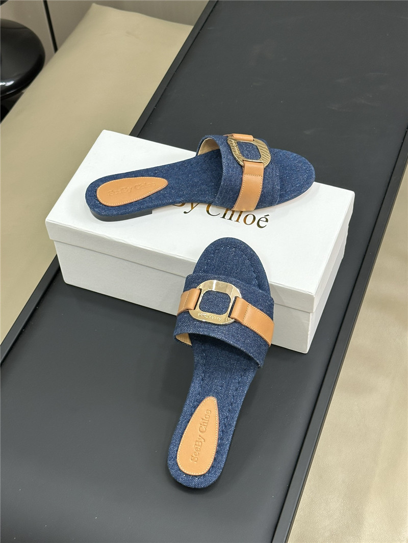 Chloé Klaire Denim Buckle Strap Slides in Blue