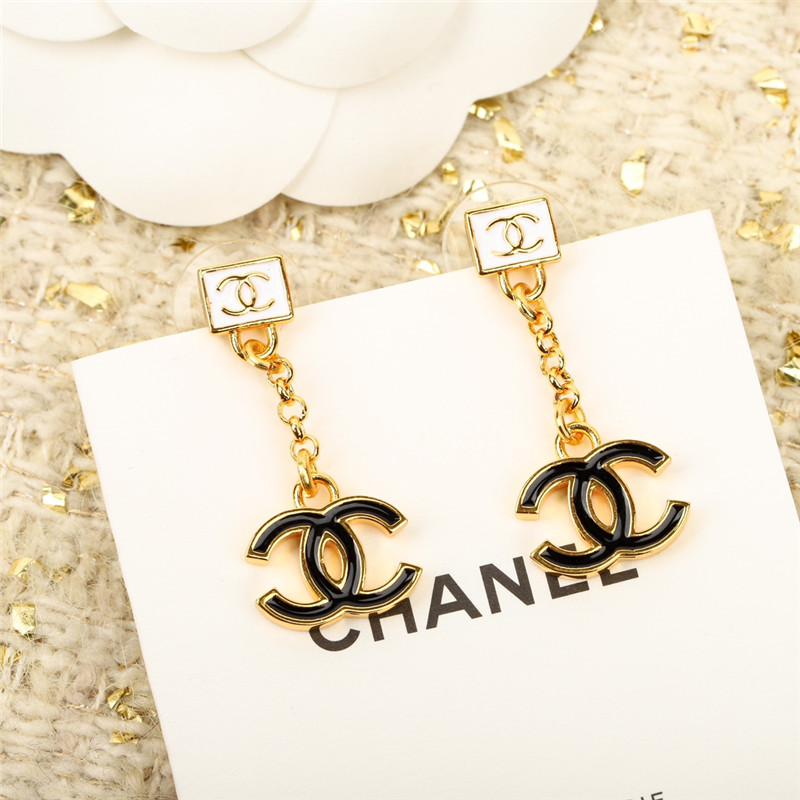 Ch**el white square black gold double c earrings