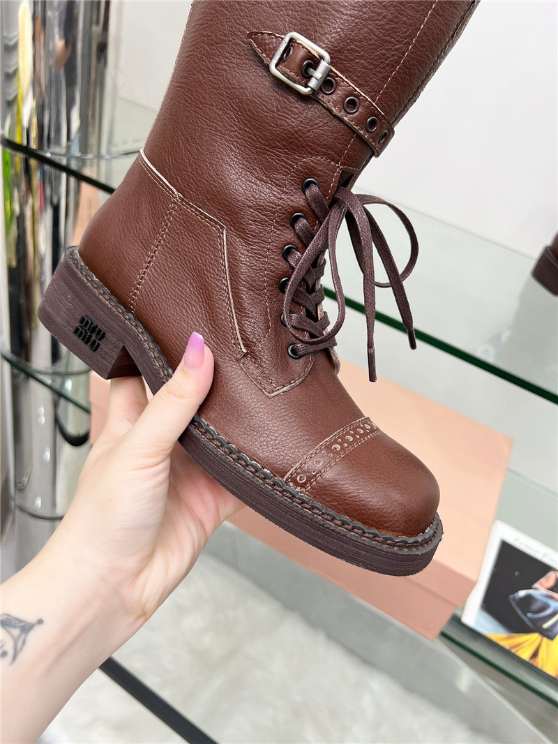 Miu Miu Brown Leather Buckle Up Moto Boots