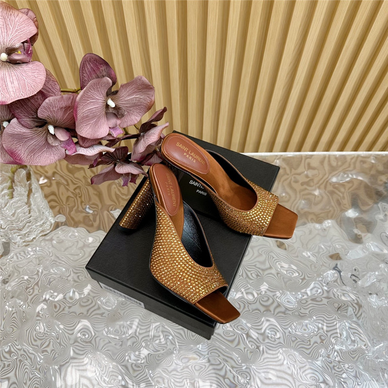Sa1nt Lau*nt sept satin mules in  noisette satin and rhinestones