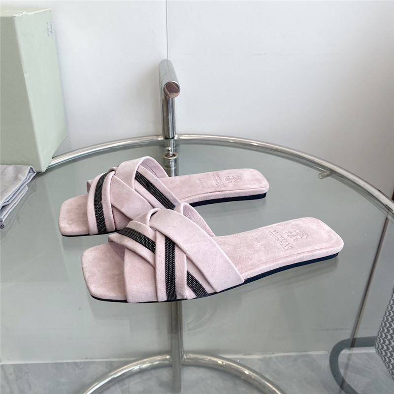 Brunello Cucinelli Beaded Crisscross Slides Neutral Suede