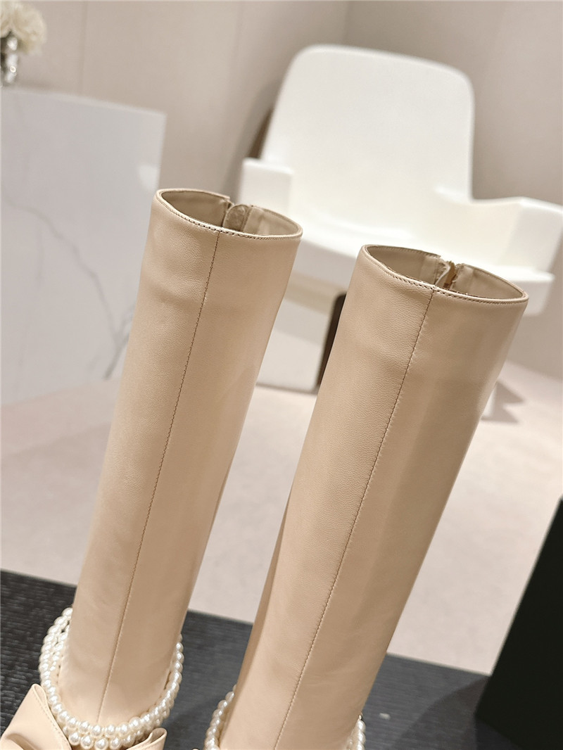 Ch**el beige pointed toe bow pearl keen high boots