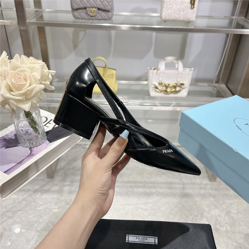 Pra*a cut-out black brushed leather chunky pumps