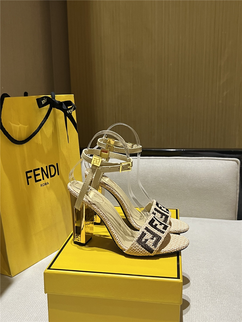 F**di delfina beige cotton fiber heel sandals
