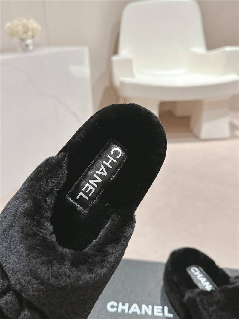 Ch**el embroidered black fur flat platform mules