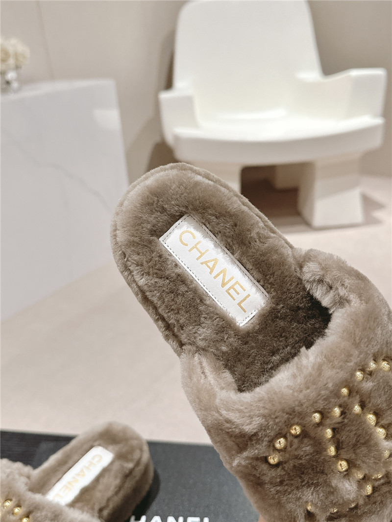 Ch**el beading flat platform mules beige fur