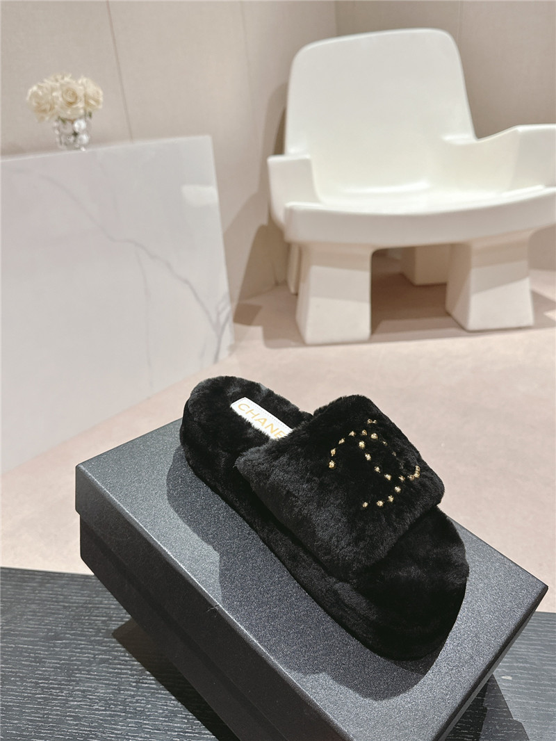 Ch**el beading black fur flat platform mules