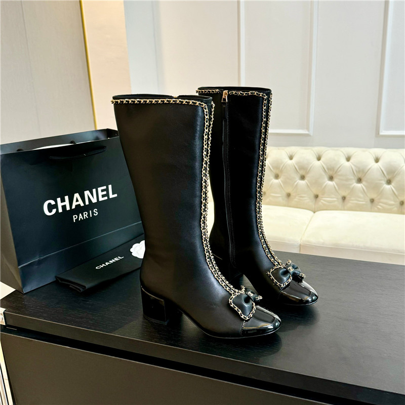 Ch**el black calfskin bow patent leather keen high boots