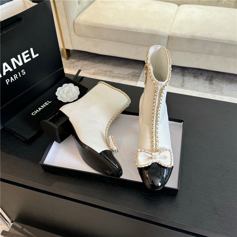 Ch**el white calfskin bow patent leather ankle boots