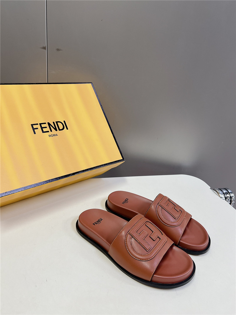 F**di ff baguette leather slides rubber brown